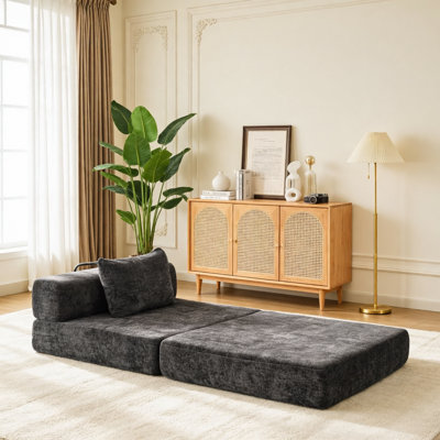 Canapé à compression, canapé-lit convertible au sol avec structure de forme fixe, canapé modulaire à une place sans os, sans assemblage requis, tissu chenille, pour la chambre à coucher du salon, noir