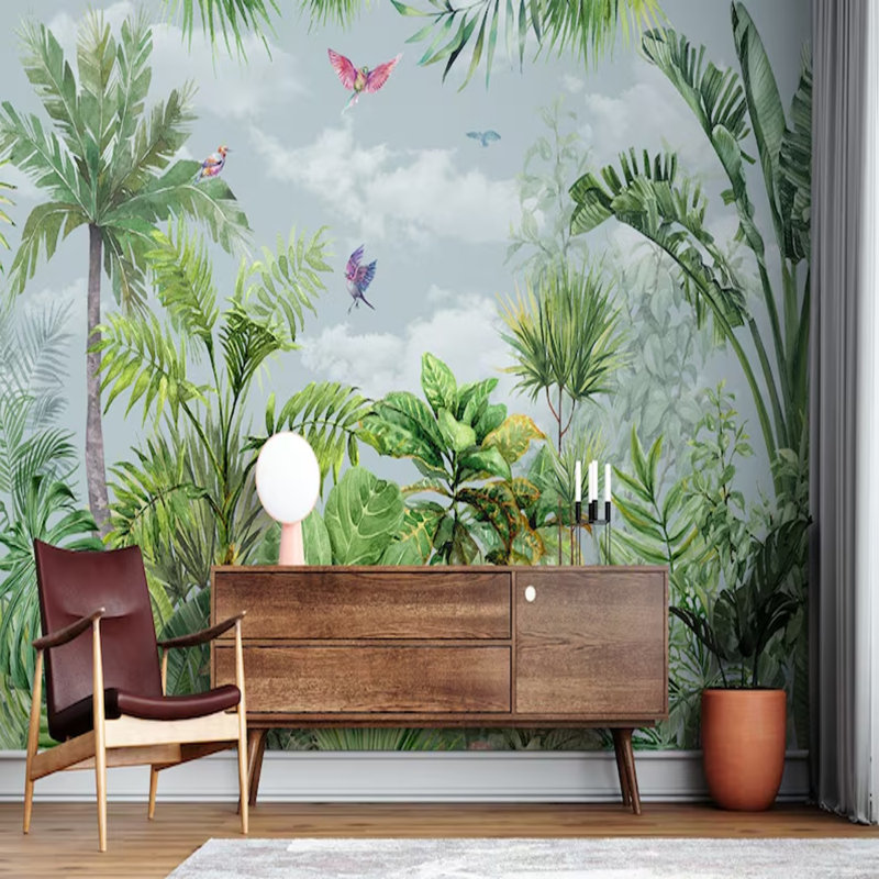 Brise tropicale avec oiseaux - Collection Botanical Oasis, L 160 po x l 108 po