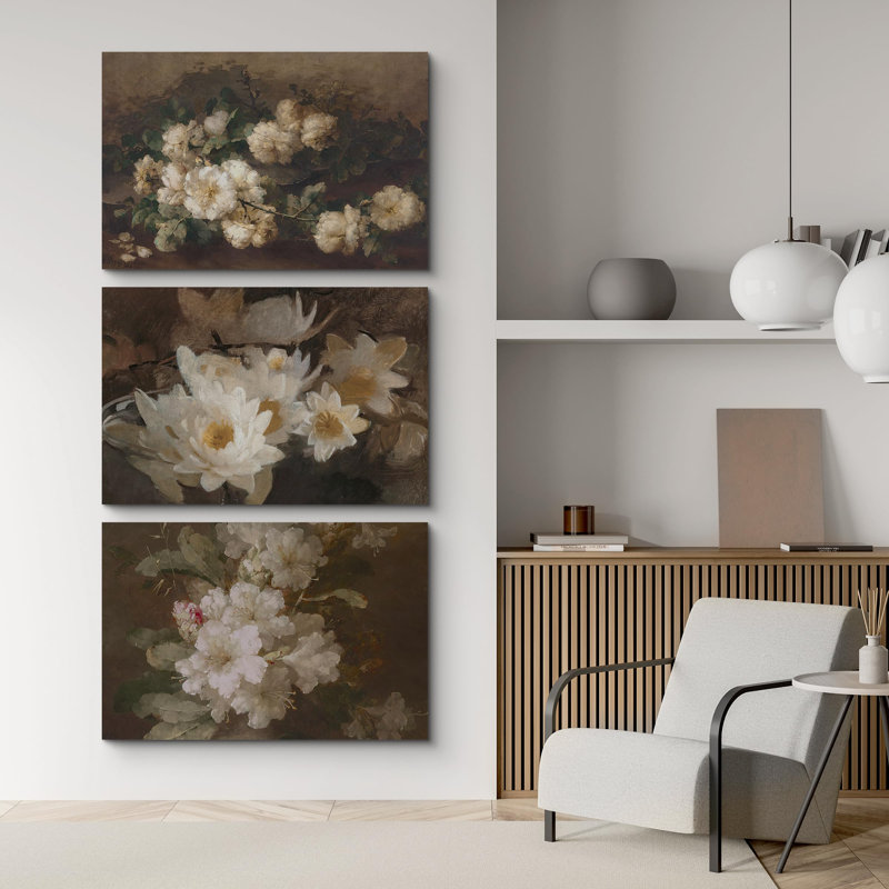 "Bouquets de fleurs de jardin rétro" - 3 pièces, H 24 po x l 36 po, Toile tendue