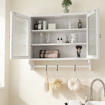 Armoire murale en verre 24,8 po à deux portes avec rangement à trois niveaux et porte-serviettes, pour salle de bain, cuisine ou salle à manger, finition blanchie