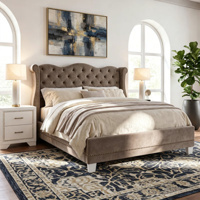 King Size Upholstered Bed Frame With Velvet Fabric &Thick Tufted Wingback Headboard