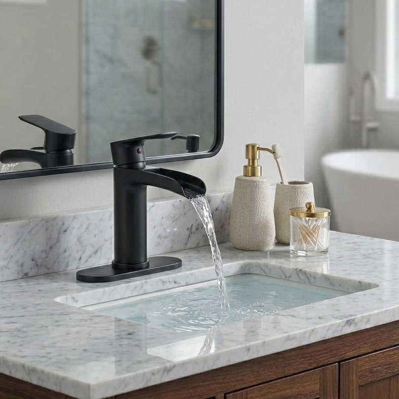 Robinet de lavabo pour salle de bain à poignée simple TJAB1970 avec plateau inclus en noir mat