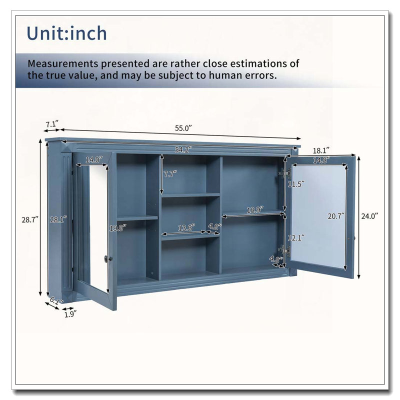 55 inch Wall-Mount 2-in-1 Mirror Cabinet, Blue