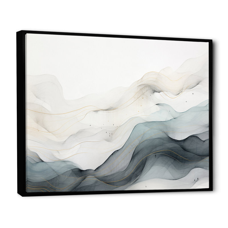 Bleu gris, dessin au trait abstrait conceptuel II - Art mural, H 30 po x l 40 po, Reproduction avec cadre flottant, Noir