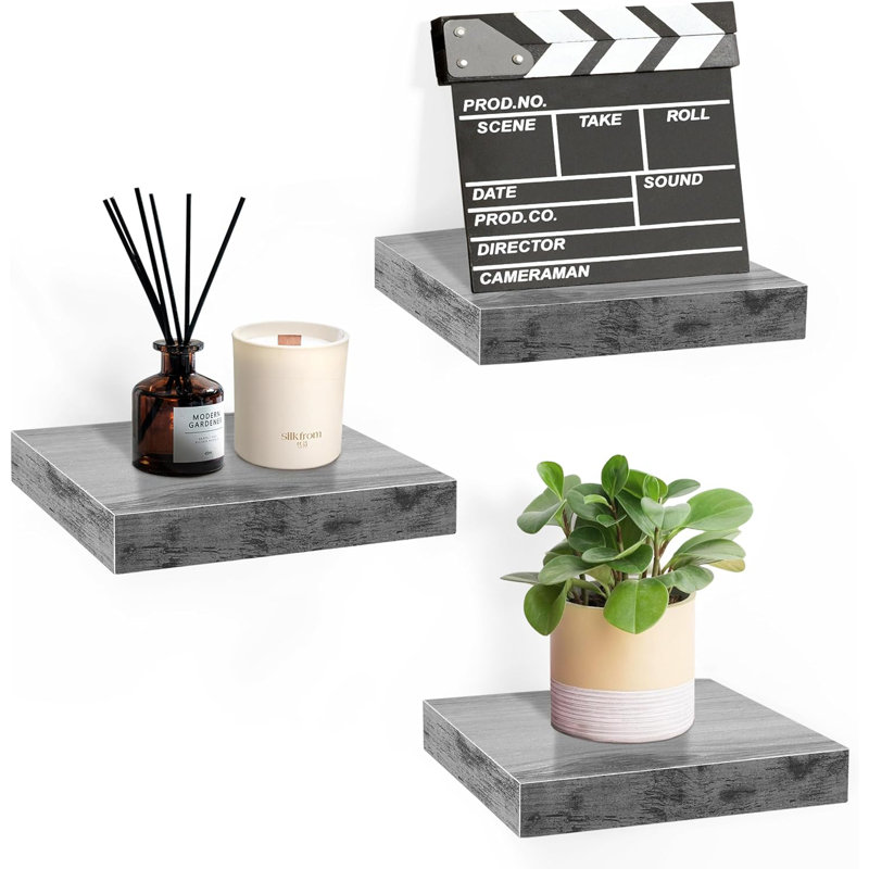 Sorbus 9" Square Tile Floating Shelves with Invisible Brackets Set of 3, Gray
