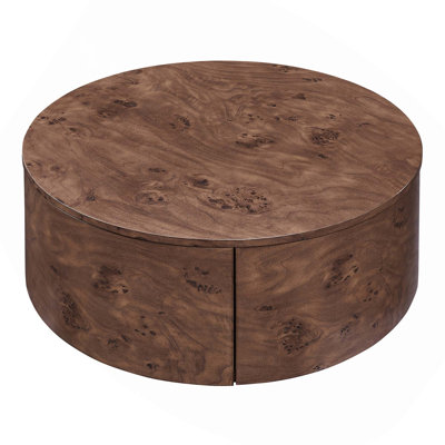 Burl Wood Rotating Coffee Table with 360° Swivel Top and Two Hidden Storage Drawers