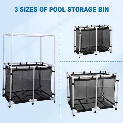Extra Large Pool Storage Bin, 48.4" Rolling Mesh Container, Waterproof Pool Float & Toy Organizer, Outdoor Use (214 Gallon with Rack)
