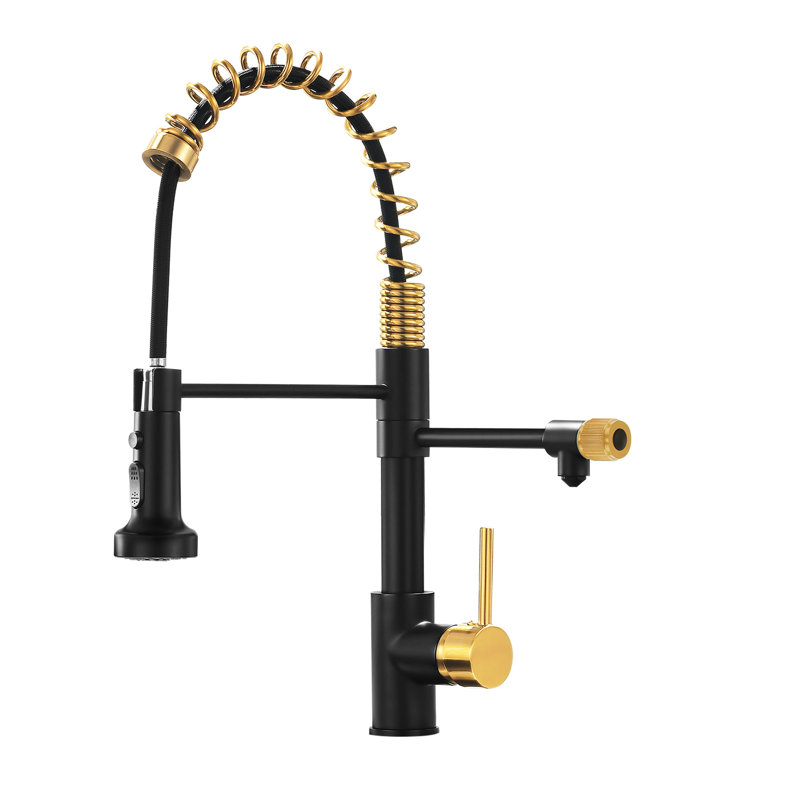 Black And Gold Purifier Kitchen Tap - Drinking Water Faucet With Pull Down Filter Sleek Appearance Sink In Advanced Design
