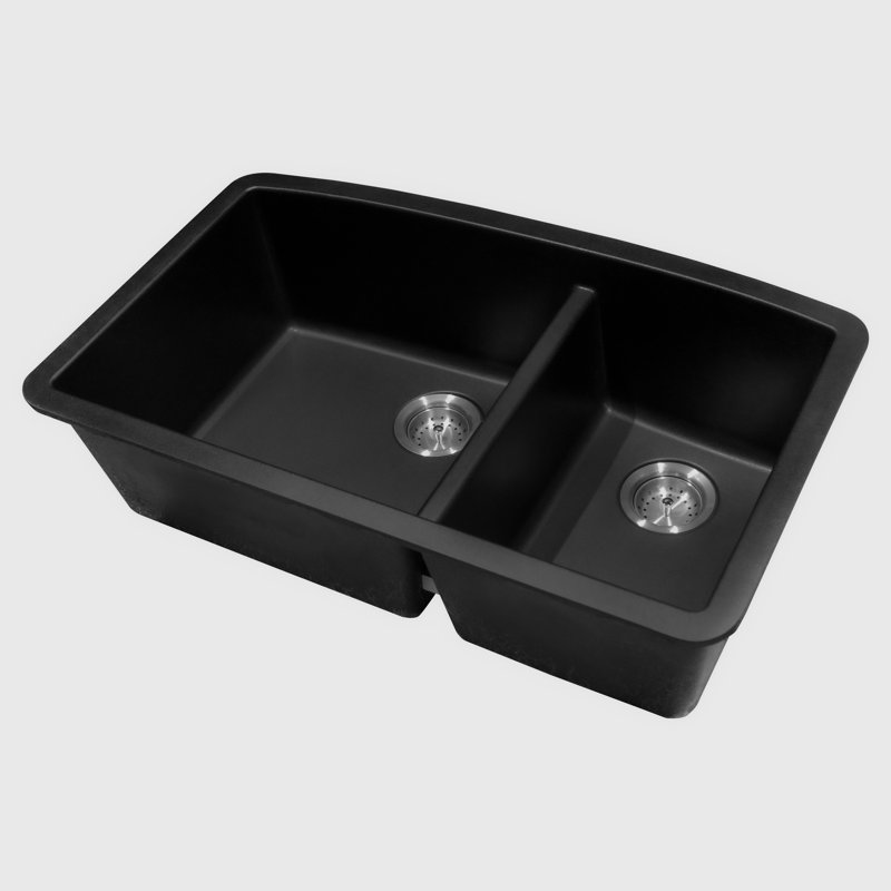 Évier de cuisine à double cuve 60/40 encastré en quartz 32 po x 19 po, Noir