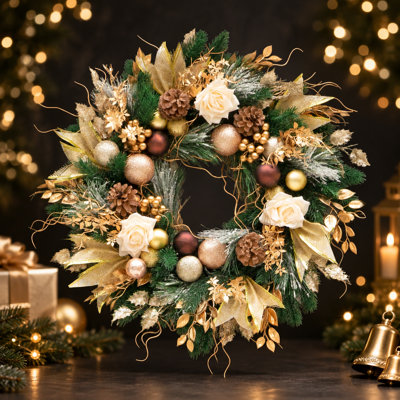 Couronne de Noël 24 po pour porte d'entrée avec feuille d'or et pomme de pin artificielle pré-éclairée avec boules