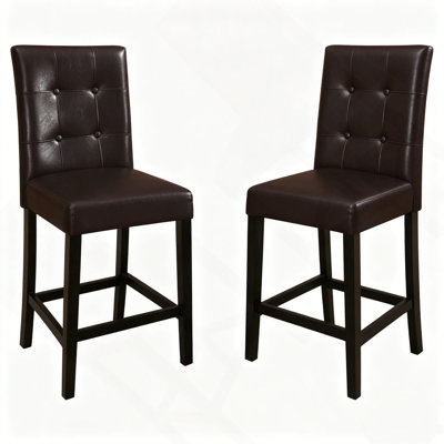 Set of 2 Counter Height Dining Chairs, Upholstered Faux Leather, Tufted High Back, Solid Wood Frame, 24" Seat Height