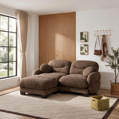 Canapé modulable deux places en chenille plissée avec assise ergonomique en mousse, accoudoirs incurvés et 2 coussins décoratifs, pouf