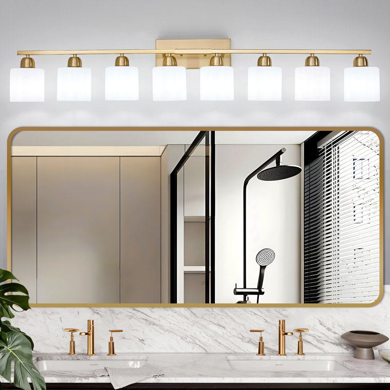  8-Light Dimmable Bathroom Vanity Light with Frosted Milk Glass Shades, Gold, 8 Lights