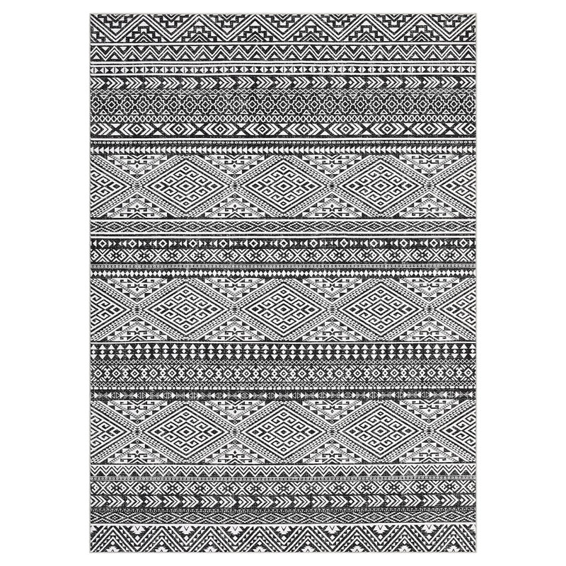 Boho Distressed Area Rug - Machine Washable, Non-Slip, Low Pile, mark Resistant Carpet for Living Room, Bedroom, Dining Room - Neutral Black Geometric Design - Home Decor - 9x12ft (274x366cm), Black Tone, USA
