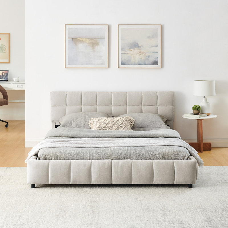 Queen Size Upholstered Storage Bed Frame With Chenille Fabric And Headboard, Built-In Drawers, Beige
