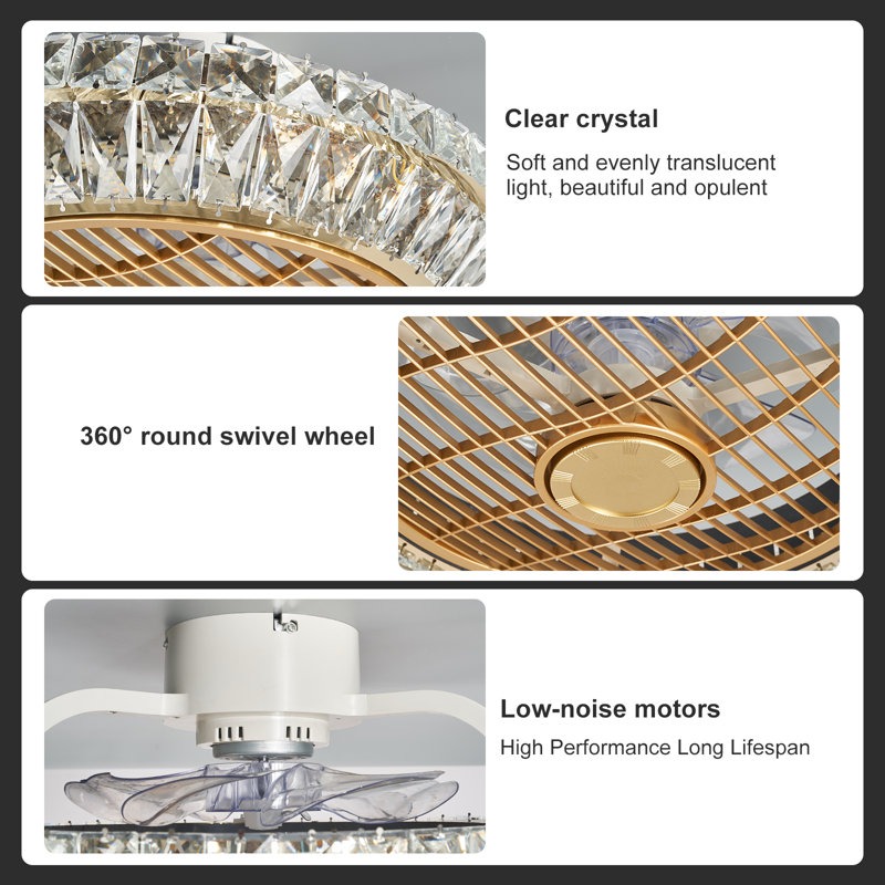 Aarie Crystal Bladeless Ceiling Fan Light,Ceiling Fan with Lights Remote Control,Low Profile Ceiling Fan, Gold