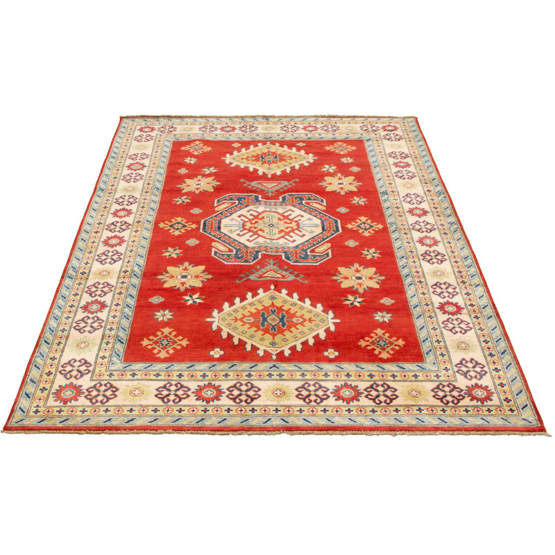 Tapis unique en laine noué à la main rouge Gazni des années 2010 de 6 pi 8 po x 9 pi 5 po Qaiden