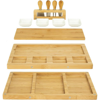 PLUZON Bamboo Charcuterie Board Cheese Tray Set With Removable Ceramic & Prep Trays, Stainless Steel Knives – Elegant Gift For Wedding Couple, Housewarmings, Anniversaries, Bridal Shower,And Holidays