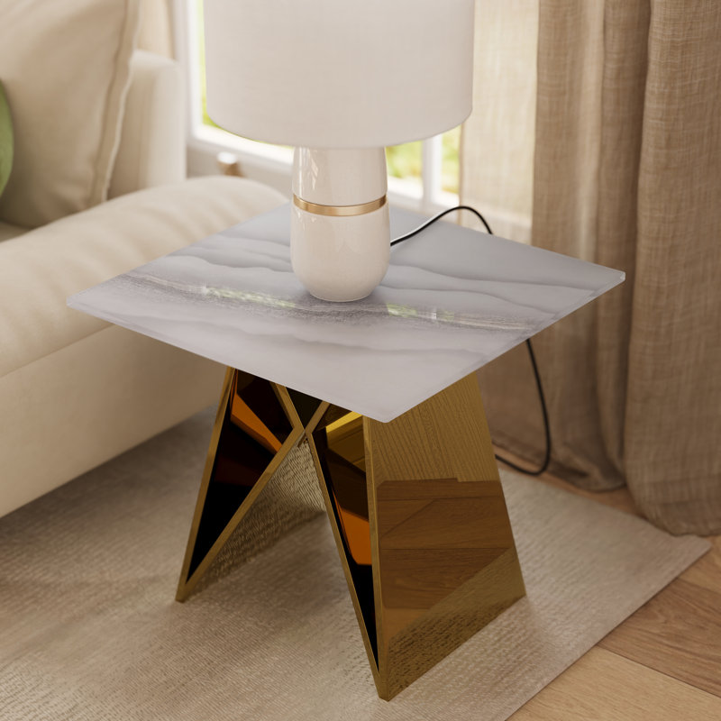 Table de bout en verre blanc 24 pouces avec base en miroir en forme de M doré