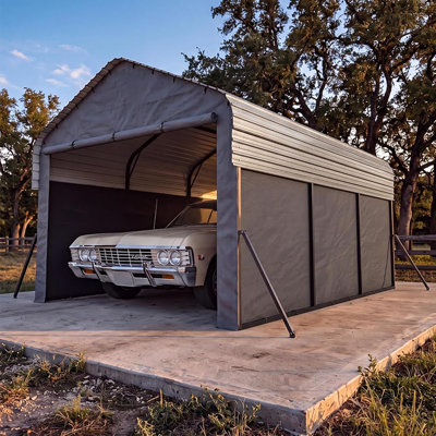 10' x 15' x 9' Metal Carport, Enclosed Carport with 220 g PE Tarp, Gable End Doors & Sidewalls, Steel Frame for Sedans, Boats & Tractors