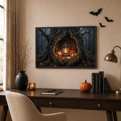 Lanterne lumineuse dans un creux d'arbre moussu avec toile murale d'automne et d'Halloween