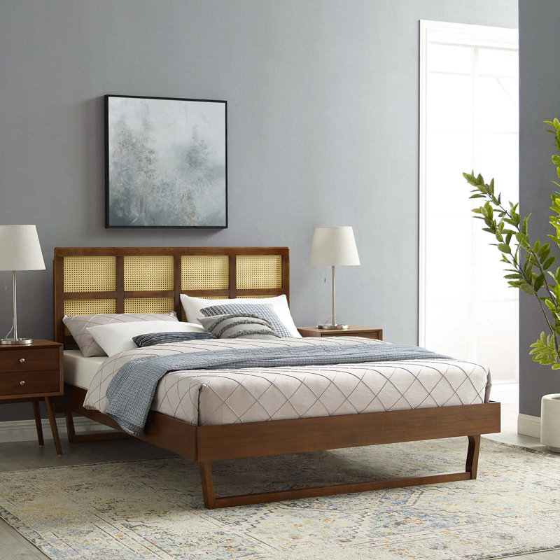 Sidney Walnut Queen Platform Bed with Cane Wood Headboard