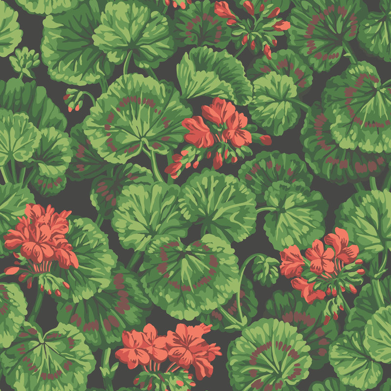Geranium Floral Wallpaper Roll, Rouge/Leaf Green/Black