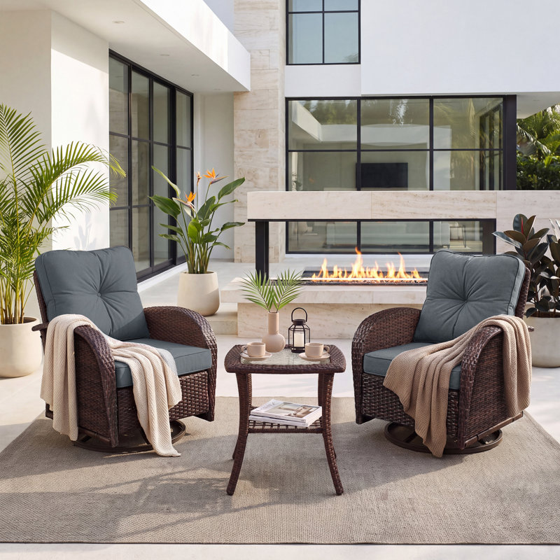 Ensemble de 3 fauteuils à bascule pivotants en résine tressée avec table d'appoint et coussin gris foncé, ensemble de conversation moderne pour véranda, terrasse, balcon et jardin