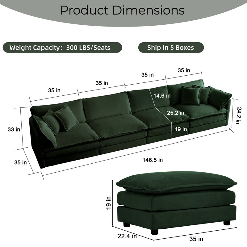 146" Upholstery Modular Sectional Set, Green Chenille