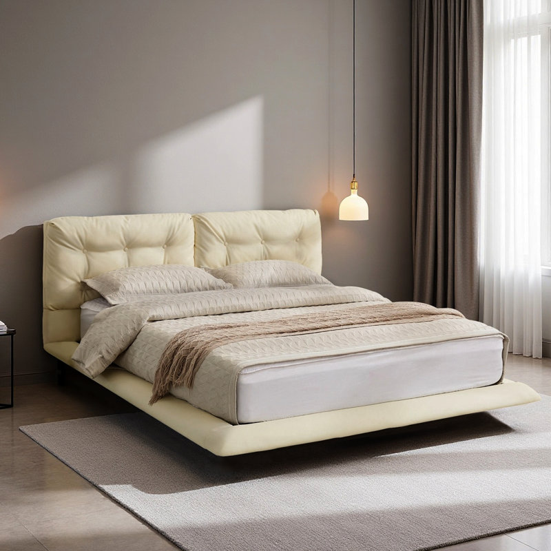 Branson Floating PU Leather Platform Bed With LED Lights & Tufted Headboard, White