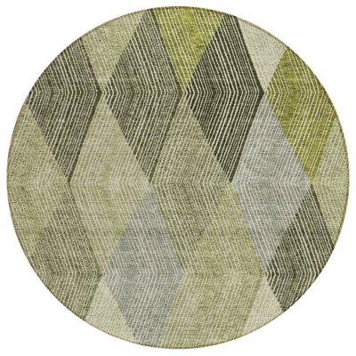 Arpin 8' Olive Green Gray And Ivory Round Argyle Washable Indoor Outdoor Area Rug