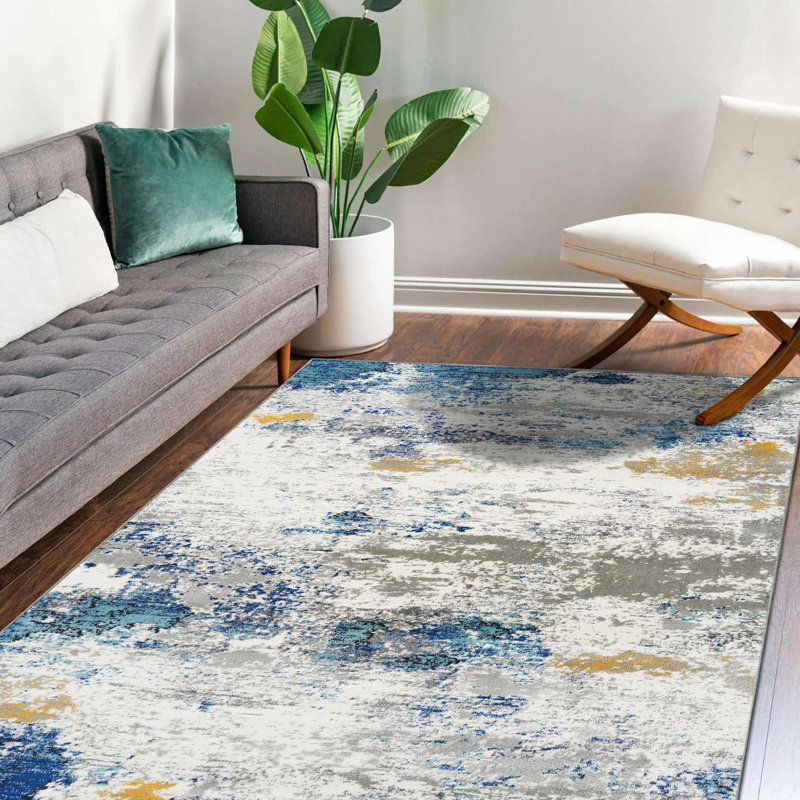 Tapis abstrait blanc cassé / bleu Elkmont, Tapis de couloir de 2 pi x 7 pi