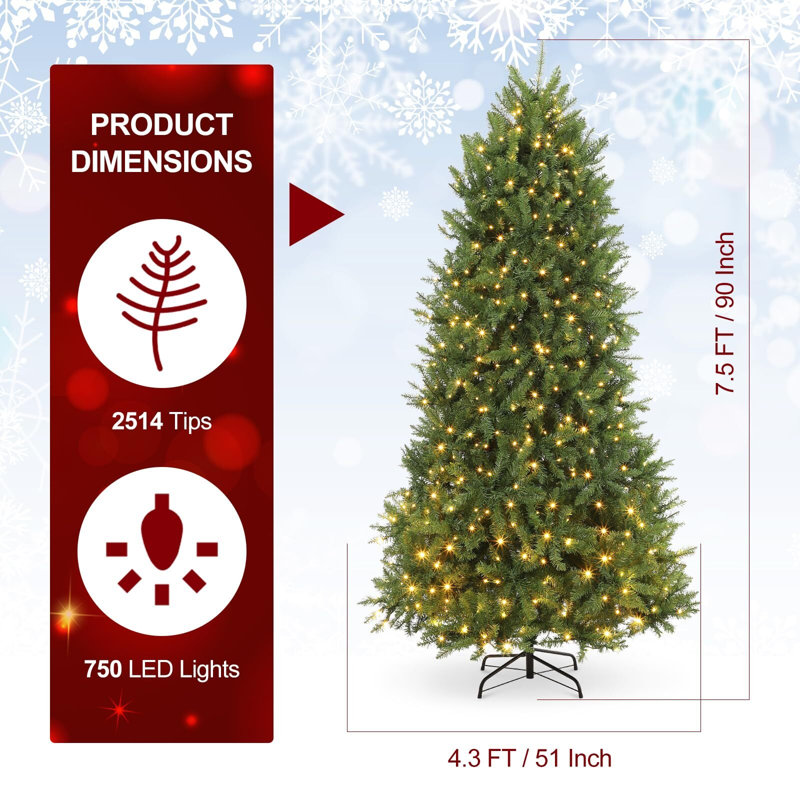 Arbre de Noël artificiel pré-éclairé avec lumières blanc chaud, 7.5