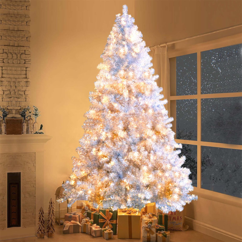 Arbre de Noël argenté 7,4 pi avec 1200 pointes, 400 lumières DEL, 11 modes et un support en métal pour l'intérieur et l'extérieur