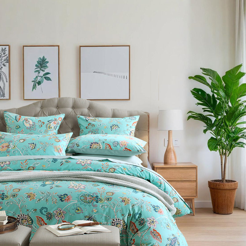  800TC 100% Egyptian Cotton Duvet Cover Set，3pcs Vintage Cyan Paisley Floral Bedding Set, Breathable And Skin-friendly, Aesthetic Botanical Pattern for Bedroom Guest Room All Seasons