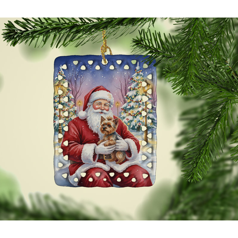 Ornement en porcelaine Yorkshire Terrier avec père Noël, Yorkshire Terrier