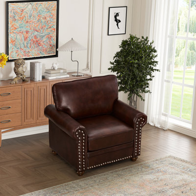 Fauteuil de salon simple, revêtement en cuir de polyuréthane bourgogne, structure, coussin de rembourrage en mousse confortable, fauteuil d'appoint clous argentés dans la chambre, similicuir, pieds en bois