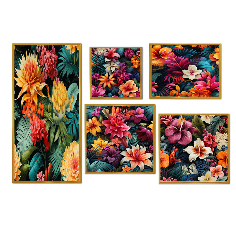 Jungle Splendor - motif tropical - ensemble de 5 décorations murales tropicales, Cadre flottant doré