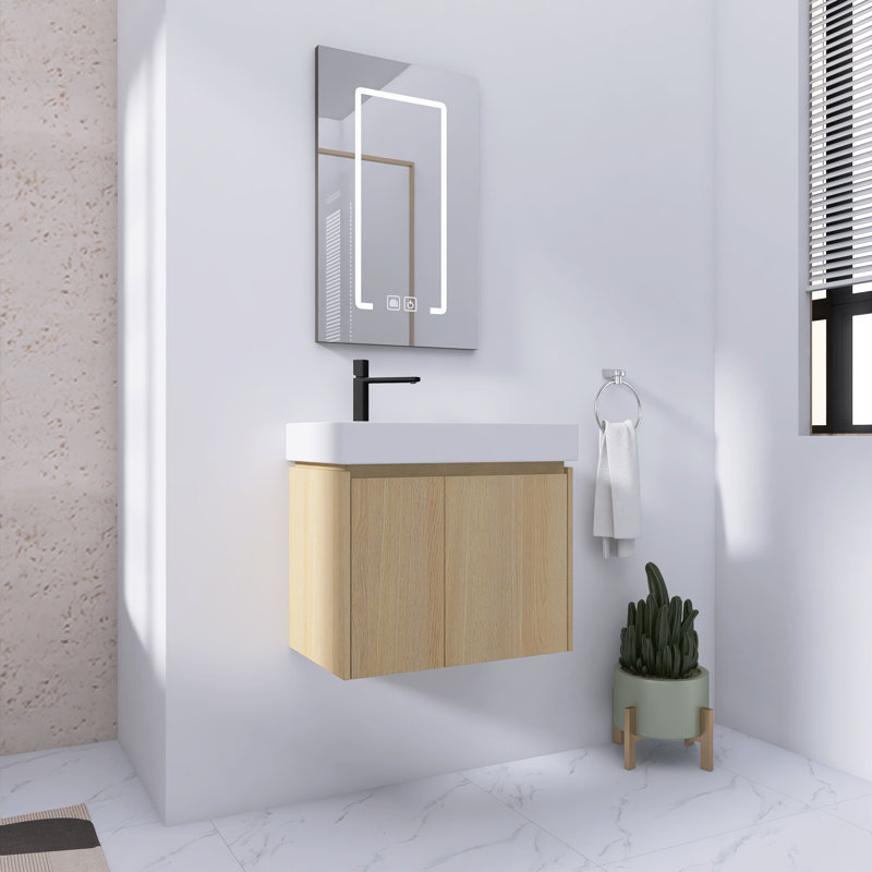 Petit meuble-lavabo mural 24 po avec lavabo en céramique, portes d'armoire à fermeture douce, Chêne