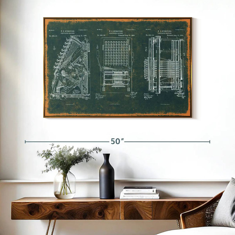 Machine à calculer brevet bleu sarcelle, Cadre flottant doré, 40 po x 27 po