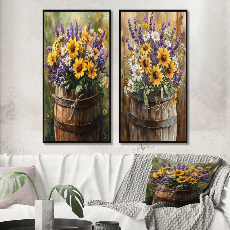 Fleurs sauvages et lavande dans un tonneau de ferme I - Collection de 2 panneaux décoratifs floraux, H 28 po x l 25 po