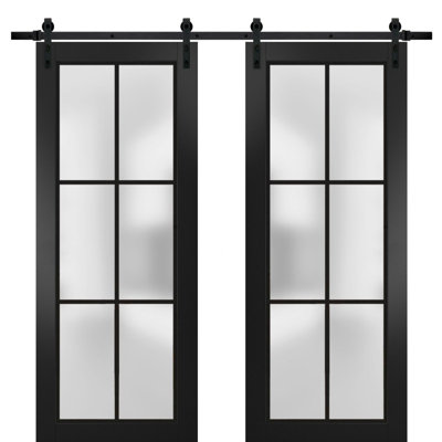 Porte de grange double robuste avec verre dépoli Planum 2122, rail noir mat de 4 m (13 pi), porte intérieure moderne à panneaux pleins - 122 cm x 203 cm (48 po x 80 po) (2 x 61 cm x 203 cm) - Rail noir
