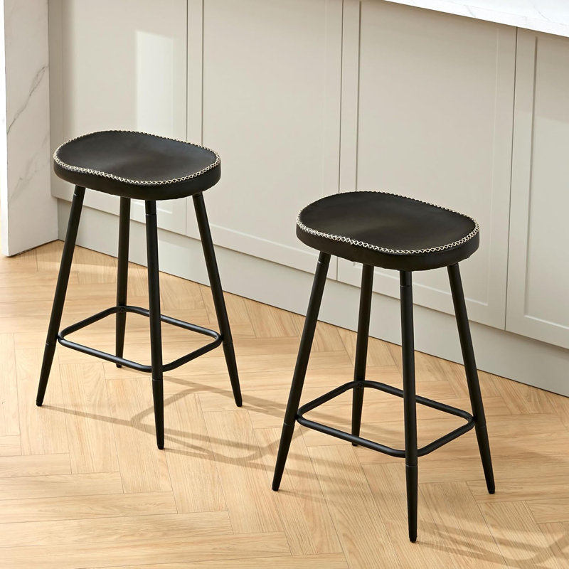 Tabourets de comptoir en similicuir sans dossier pour îlot de cuisine (ensemble de 2), Noir, 2