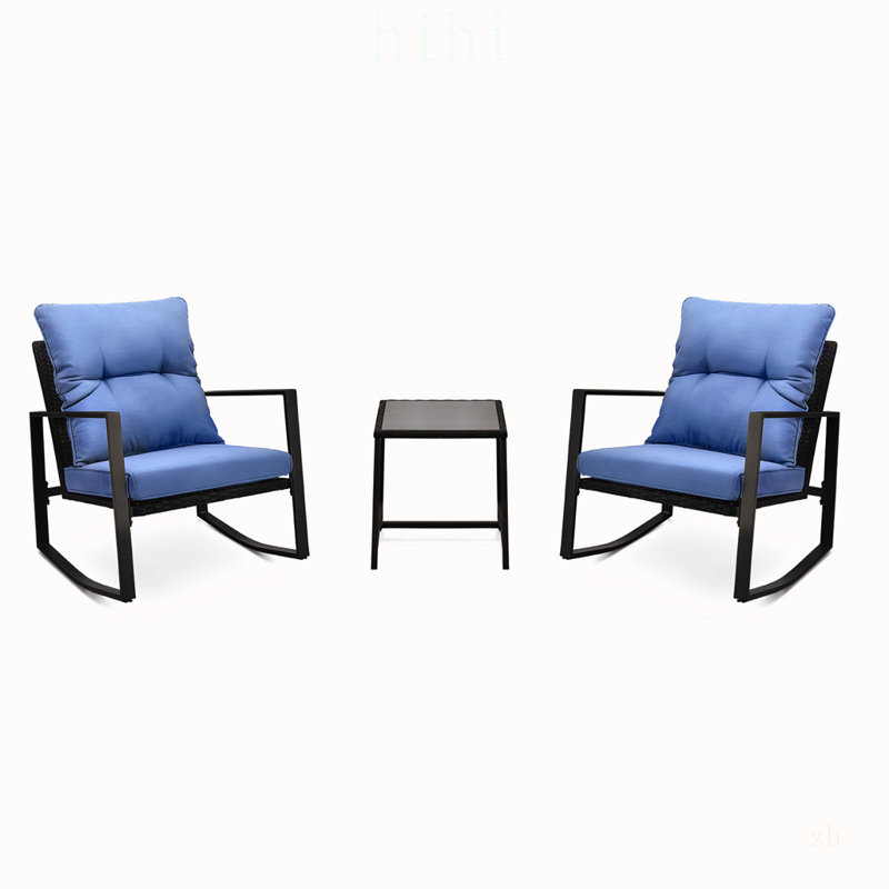 Ensemble bistro de patio 3 pièces avec coussins bleus, chaises à bascule d'extérieur durables et confortables pour la cour, le jardin et la piscine