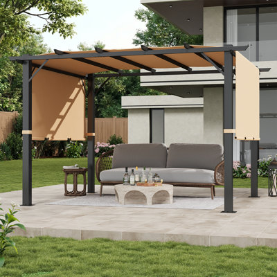 Pergola de patio 12 x 10 pi avec auvent réglable, pavillon de jardin en acier robuste avec protection contre les rayons UV, structure d'ombrage toutes saisons pour cour, terrasse, jardin, beige