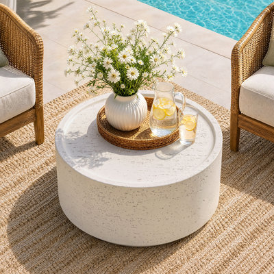 28'' Magnesium Oxide Patio Coffee Table,Waterproof, For Living Room, Outdoor, Round,Off-White