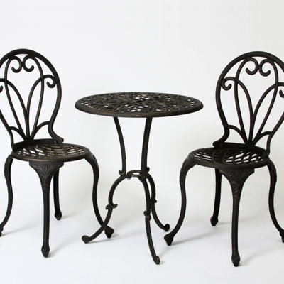 3Pc Cast Bistro - Aluminium, Graceful Outdoor Glamour, Black+Gold, Floral Chairs, -, Elegant Legs, Table ,