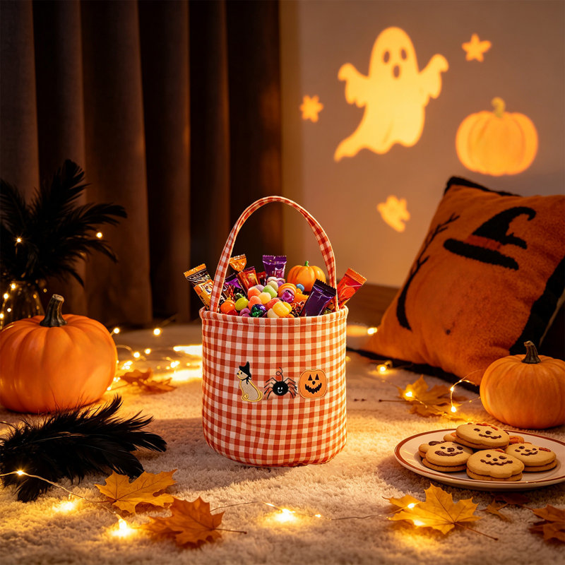 Panier de rangement d'Halloween en tissu à carreaux Halloween Citrouille fantôme Panier à main décoratif pour les fêtes