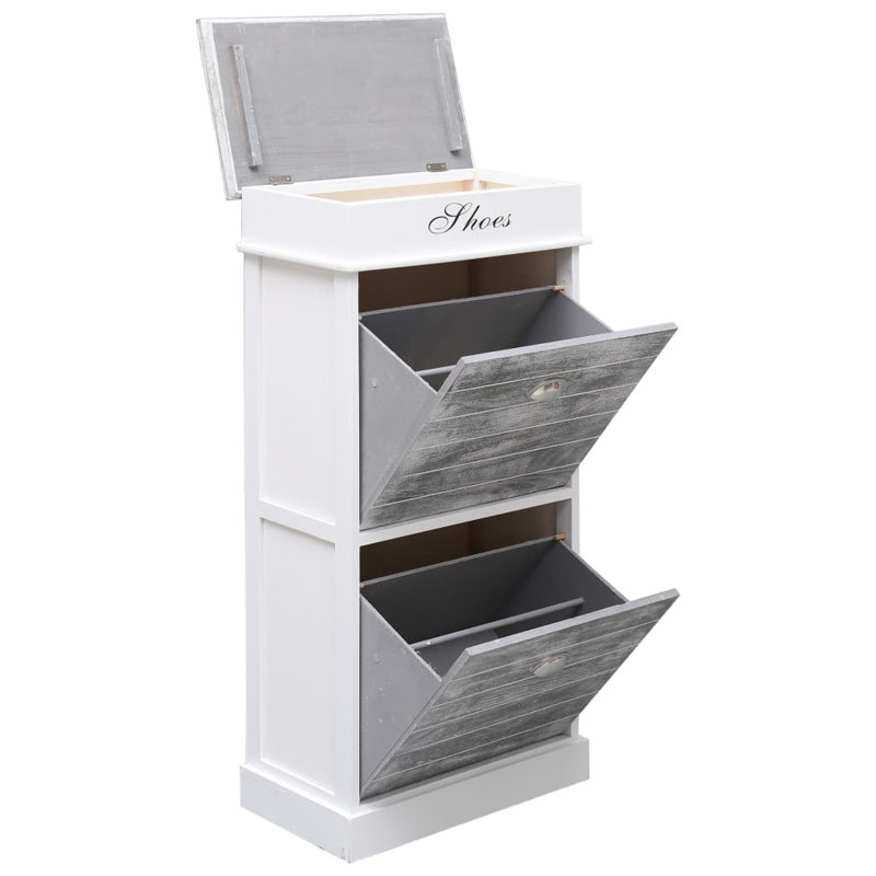 4 Pair Solid Wood Flip Down Shoe Storage, Grey/White
