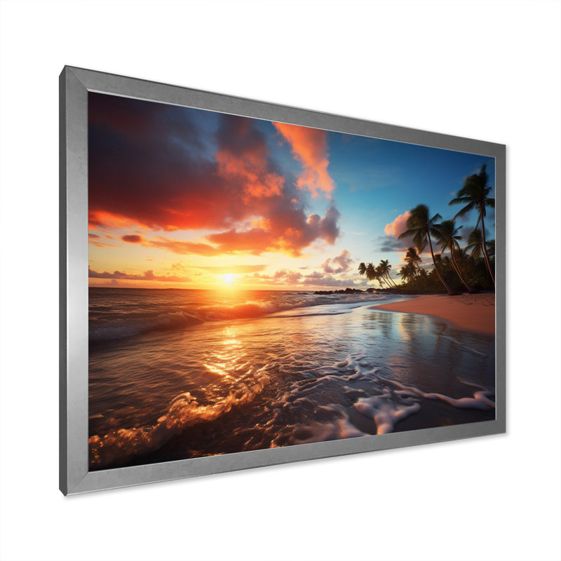 «Beach Photo Sunset Serenade», reproduction d'art sur toile encadrée, H 30 po x l 40 po x P 1,5 po, Cadre simple argenté